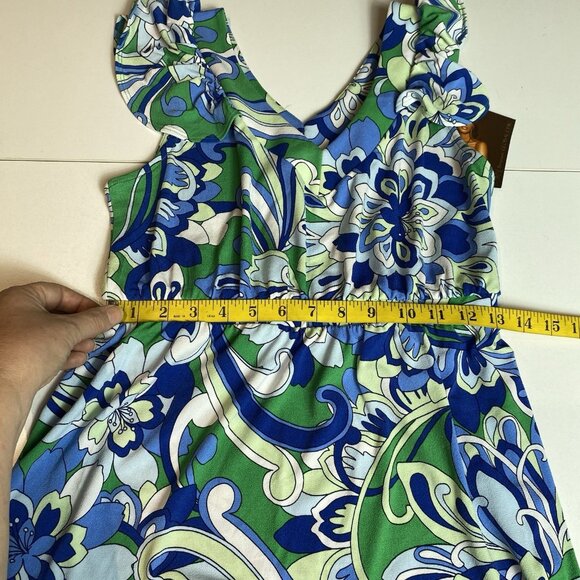 IMAN Global Chic Drapey Knit Tiered Maxi Dress Blue Green Floral Sz S Boho NWT - Picture 7 of 9